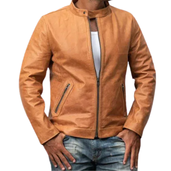 The Custom Distressed Tan Café Racer Leather Jacket image 0