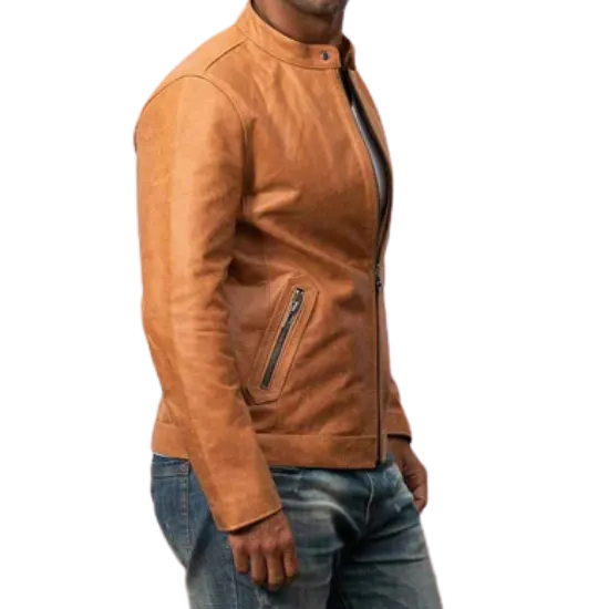 The Custom Distressed Tan Café Racer Leather Jacket image 1