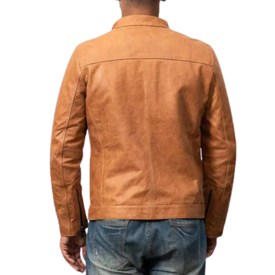The Custom Distressed Tan Café Racer Leather Jacket image 2